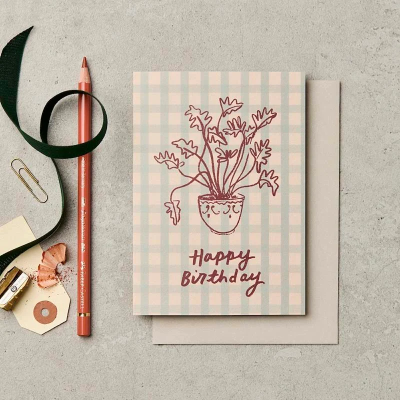 Katie Leamon | Tarjeta de Felicitación Gingham Plant Birthday