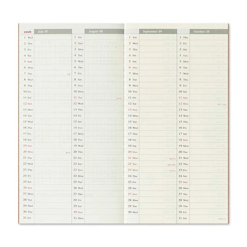 Traveler's Company | Recambio Agenda Traveler's Notebook Regular Semanal Vertical 2026 (JUL - DEC) - Image 5